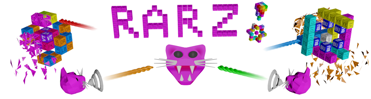 'RARZ' spelled out in blocks, with an exclamation point made of blocks, and a stylized magenta jaguar head.